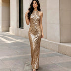 Women's Champagne Sequined V-Neck Fishtail Evening Sleeveless Slim Fit