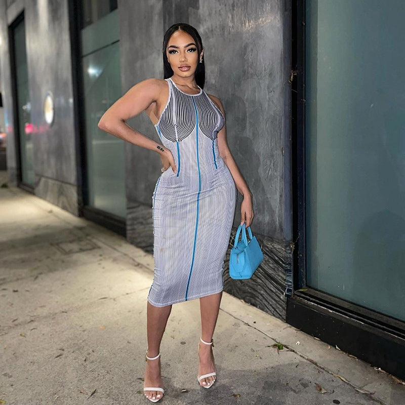 Women's Printed Sleeveless Backless Bodycon Mini Dress