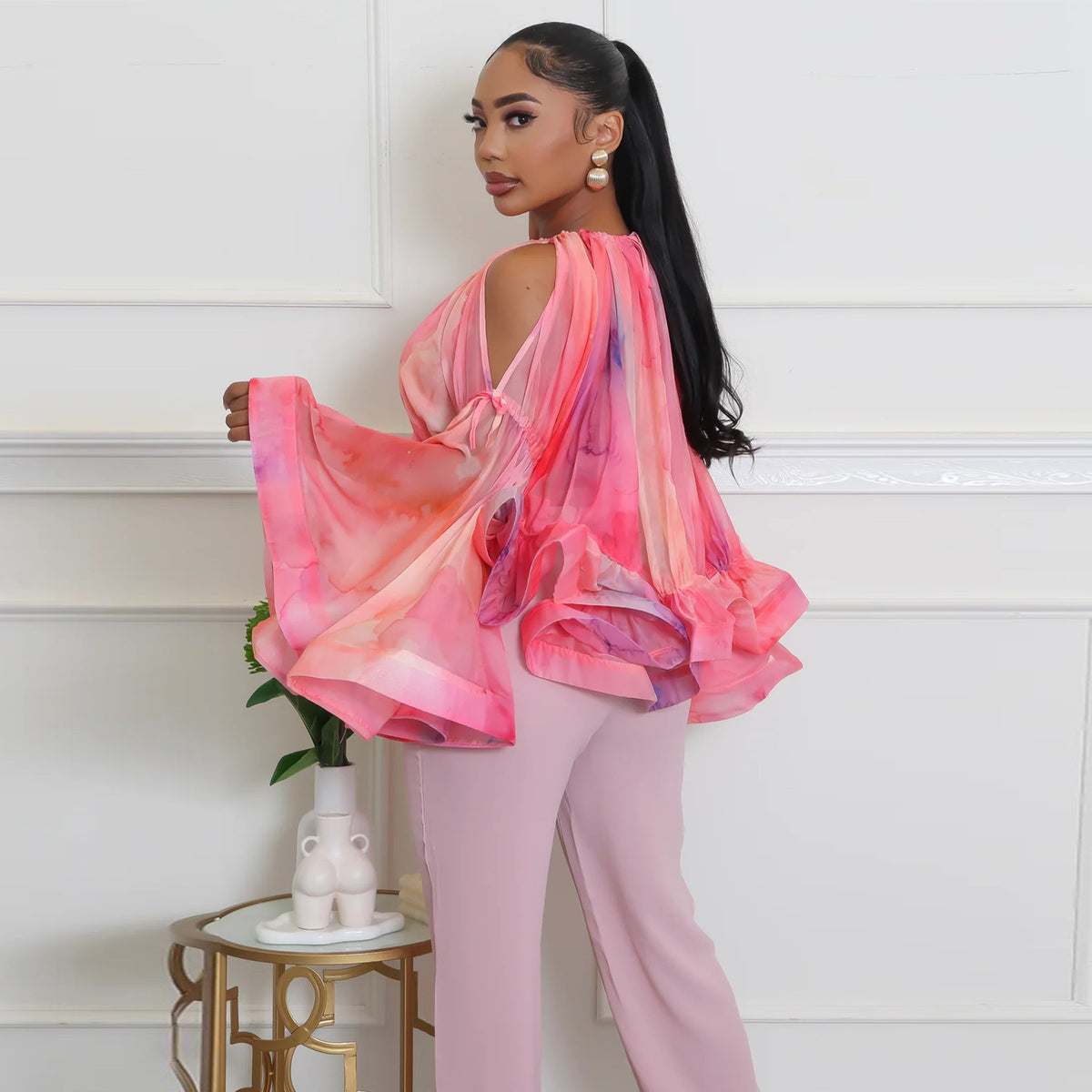 Women's Cold Shoulder Mesh Printed Bell Sleeve Top