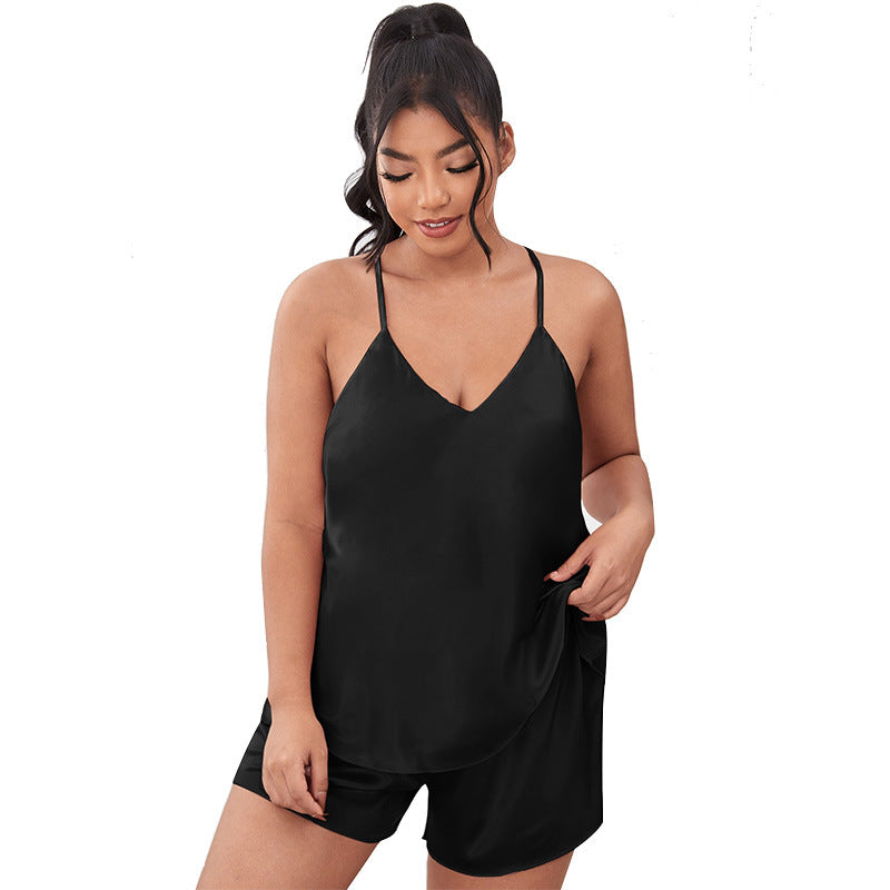 Plus Size Backless Strap Pajamas Two-Piece Set Imitation Silk Pajama