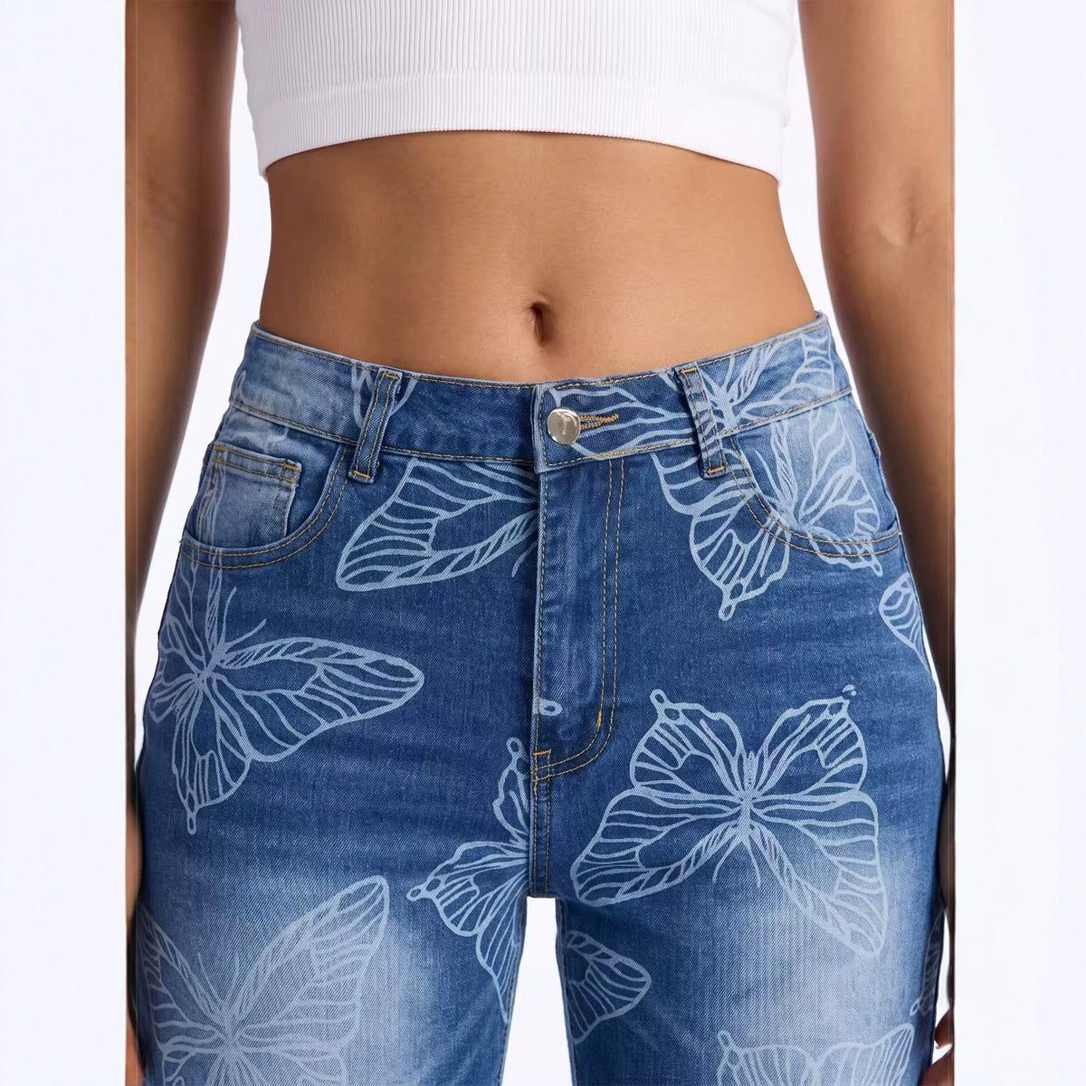Women's Butterfly-Print High-Waist Straight Jeans
