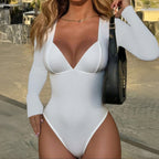 Deep V Long Sleeve Solid Color Jumpsuit