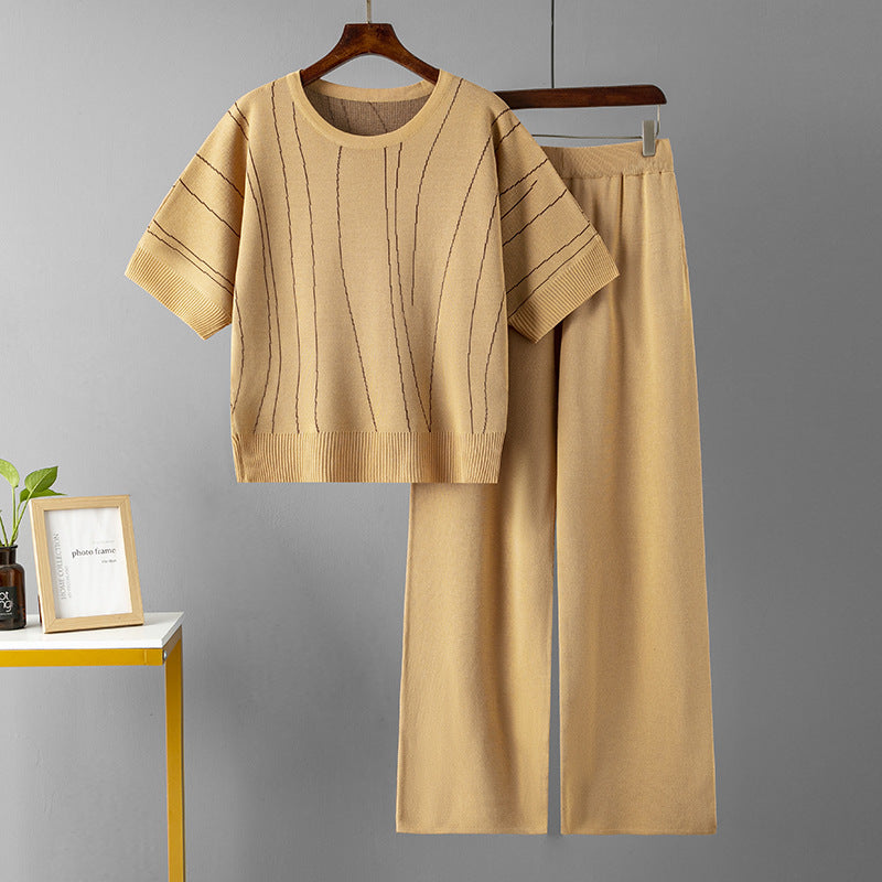 Casual Loose Outfit Batwing Sleeve Summer Slimming Stripes Wide Leg Pants Two-Piece Set