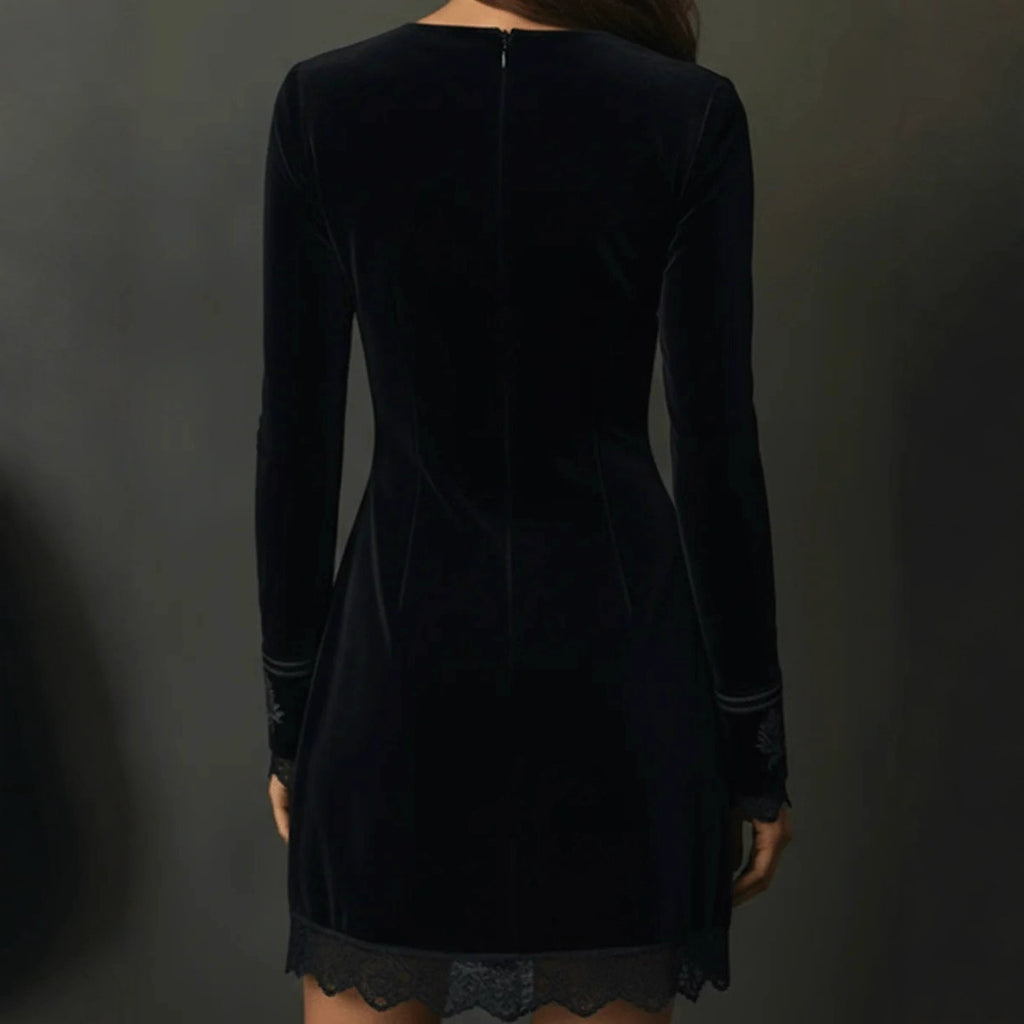 Retro Elegant Velvet Embroidered Lace V-Neck Long Sleeve Dress
