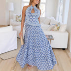 Women Summer Casual Halter Top Printed Skirt Two Piece Sets