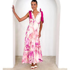 Women's Summer Women Maxi Dress V Neck Sleeveless Printed Dress