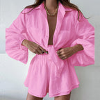 Women's Summer Women's Casual Solid Color Ruffles Shorts Long Sleeve Set