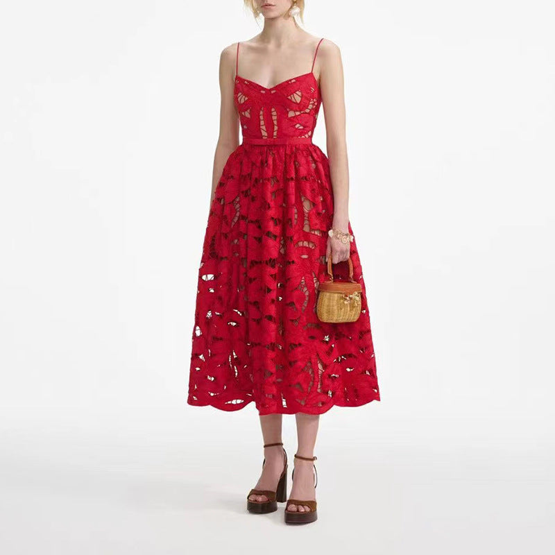 Sexy Dress Water Soluble Embroidery Sleeveless Backless High Waist Slimming Dress Women Autumn