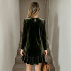 Women's Crew-Neck Velvet Ruffle Long-Sleeve Dress