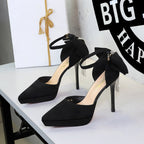 Women's Black Platform Pointed-Toe Buckle Sandals With Rhinestone Bow