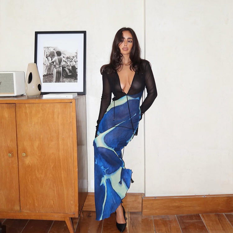 Printed Deep V-Neck Long Sleeve Maxi Dress