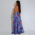 V-Neck Halter Backless Satin Printed Maxi Dress