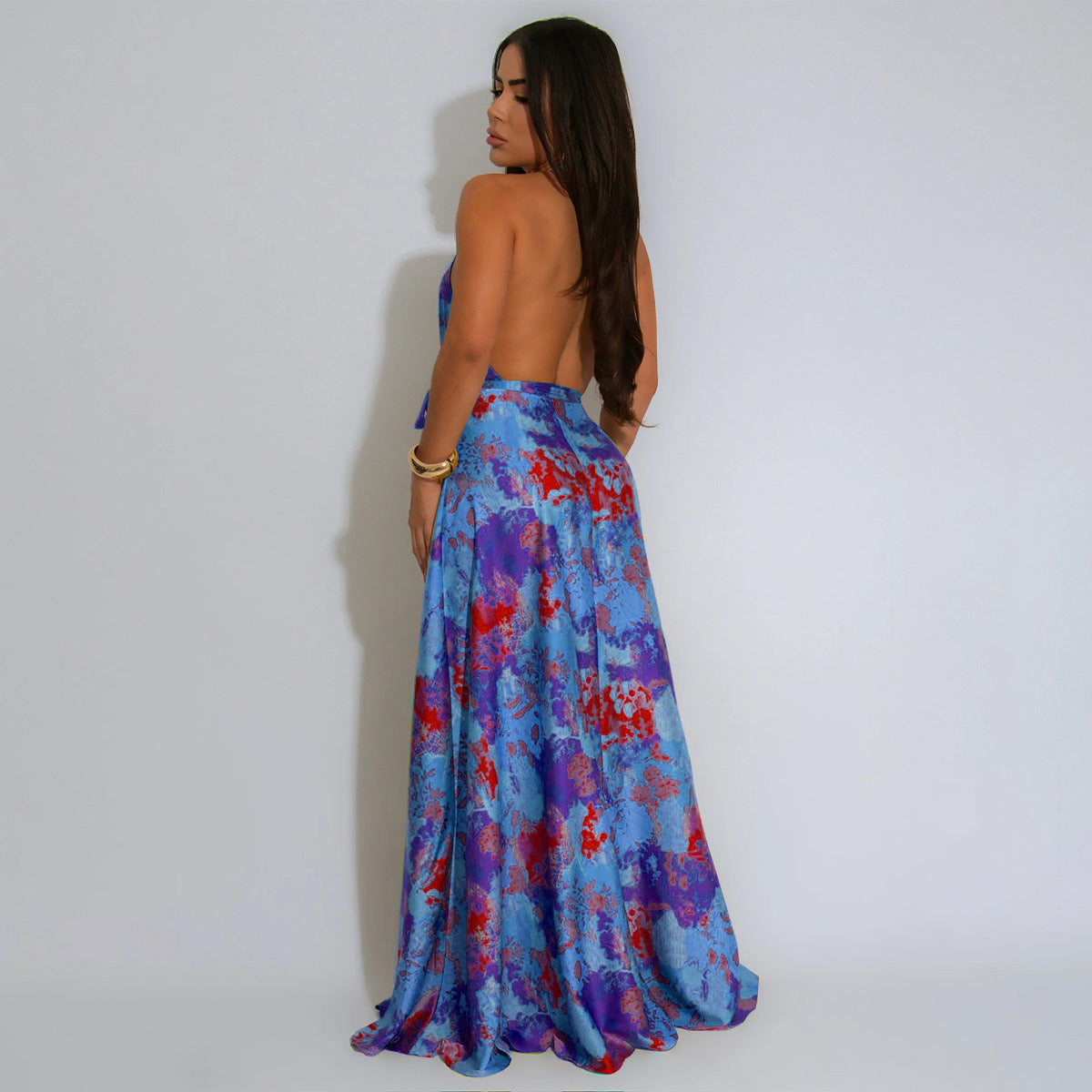 V-Neck Halter Backless Satin Printed Maxi Dress