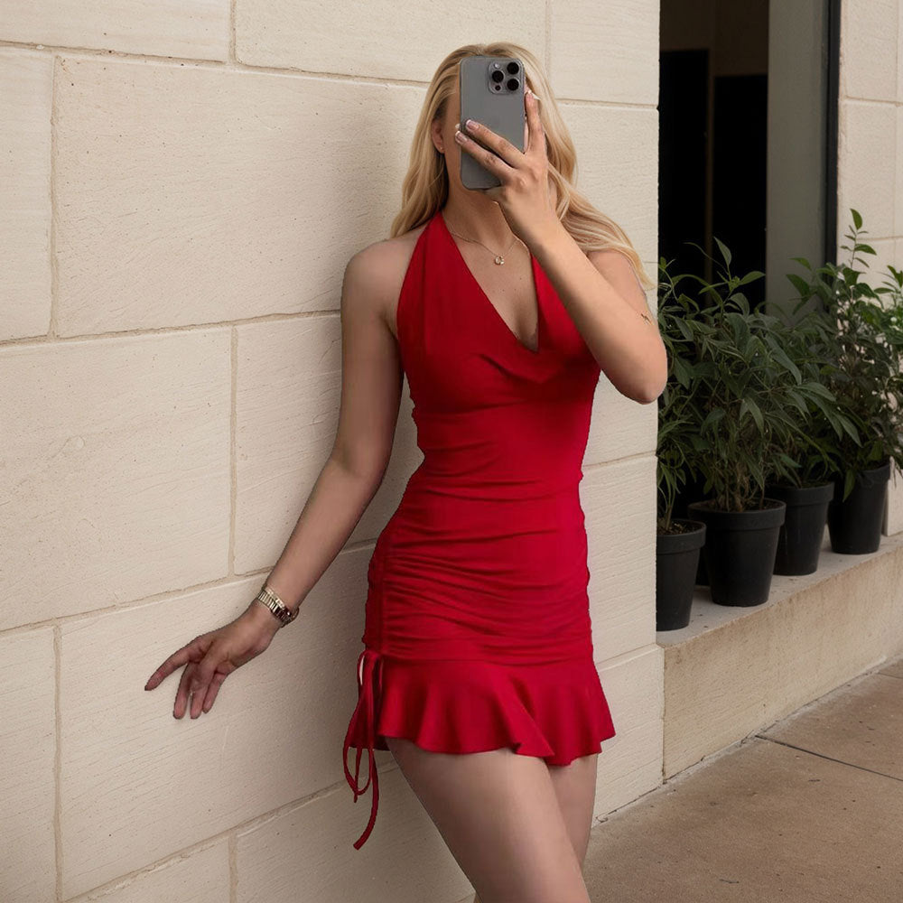 Women's Halter Ruched Ruffle Dress