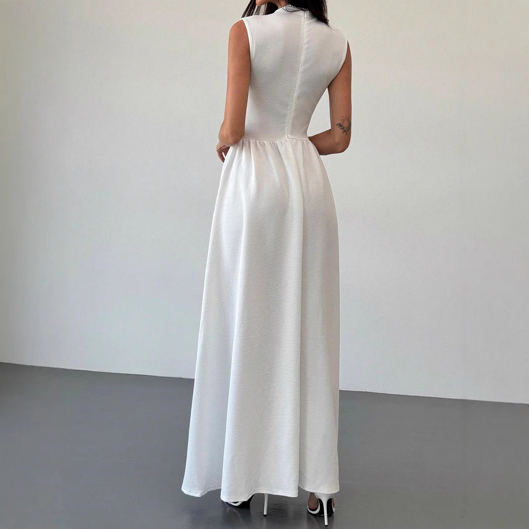 Women's Elegant Crew Neck Sleeveless Waist Color Dress