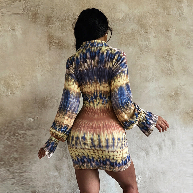 Women's Printed Collared Long Sleeve Bodycon Mini Dress