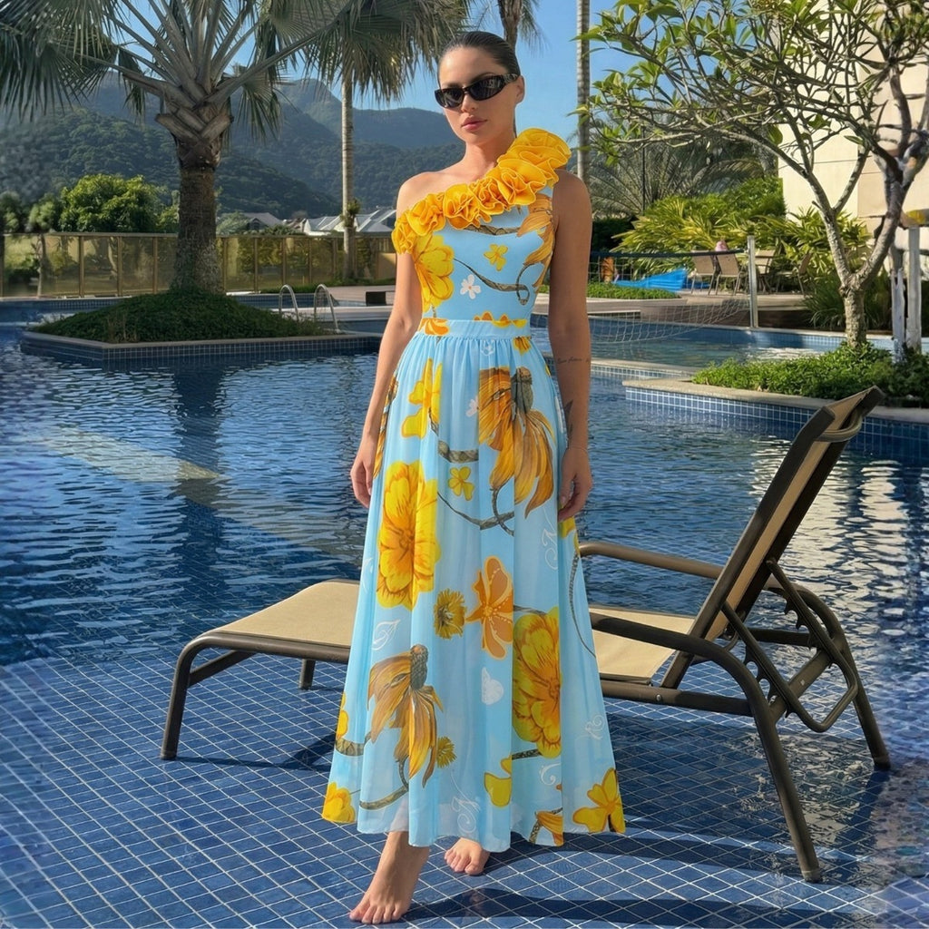 Women's Floral One-Shoulder Dress & Long Skirt Set
