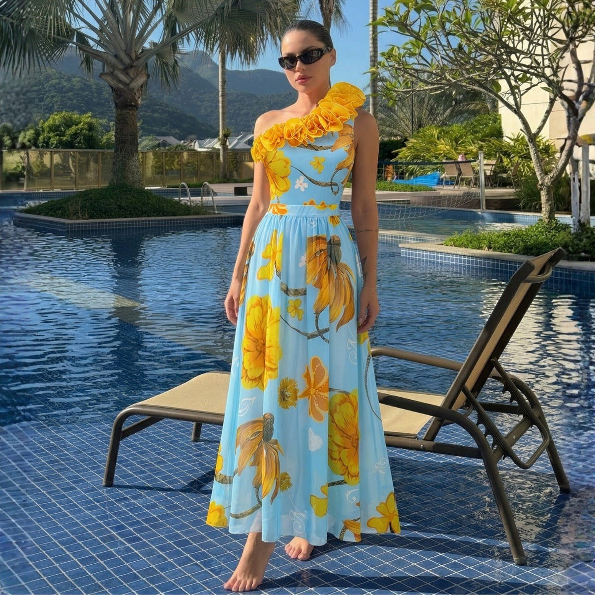 Women's Floral One-Shoulder Dress & Long Skirt Set