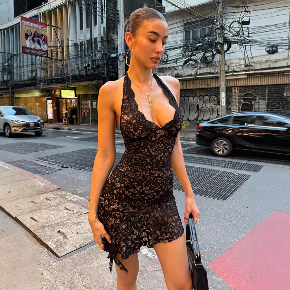 Black lace halter mini dress with plunging neckline and layered ruffled skirt