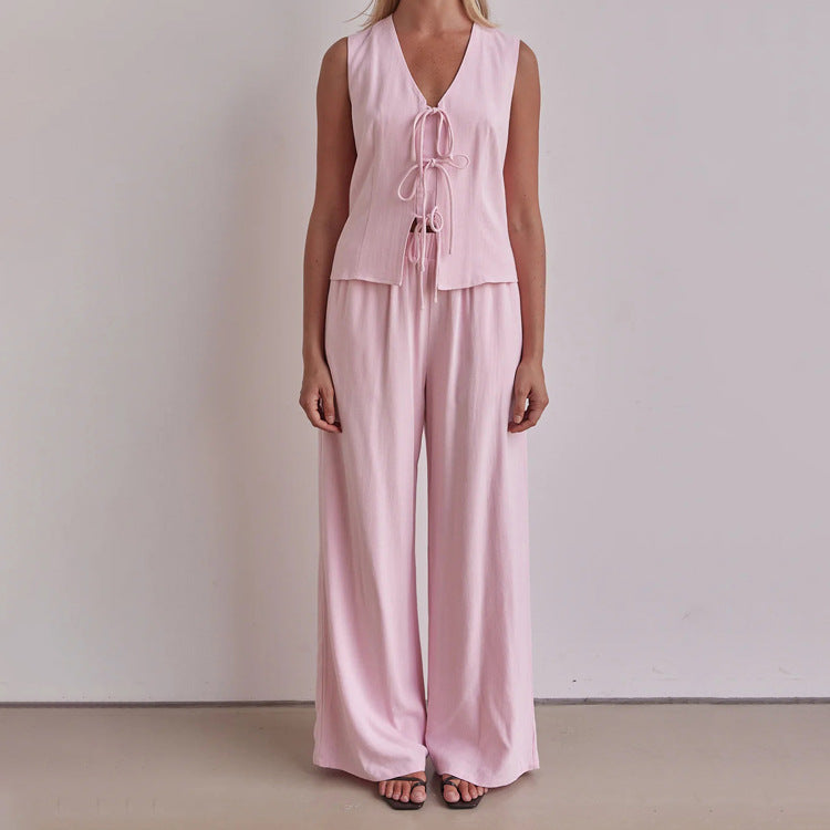 Sleeveless Vest Lace up Top Loose Trousers