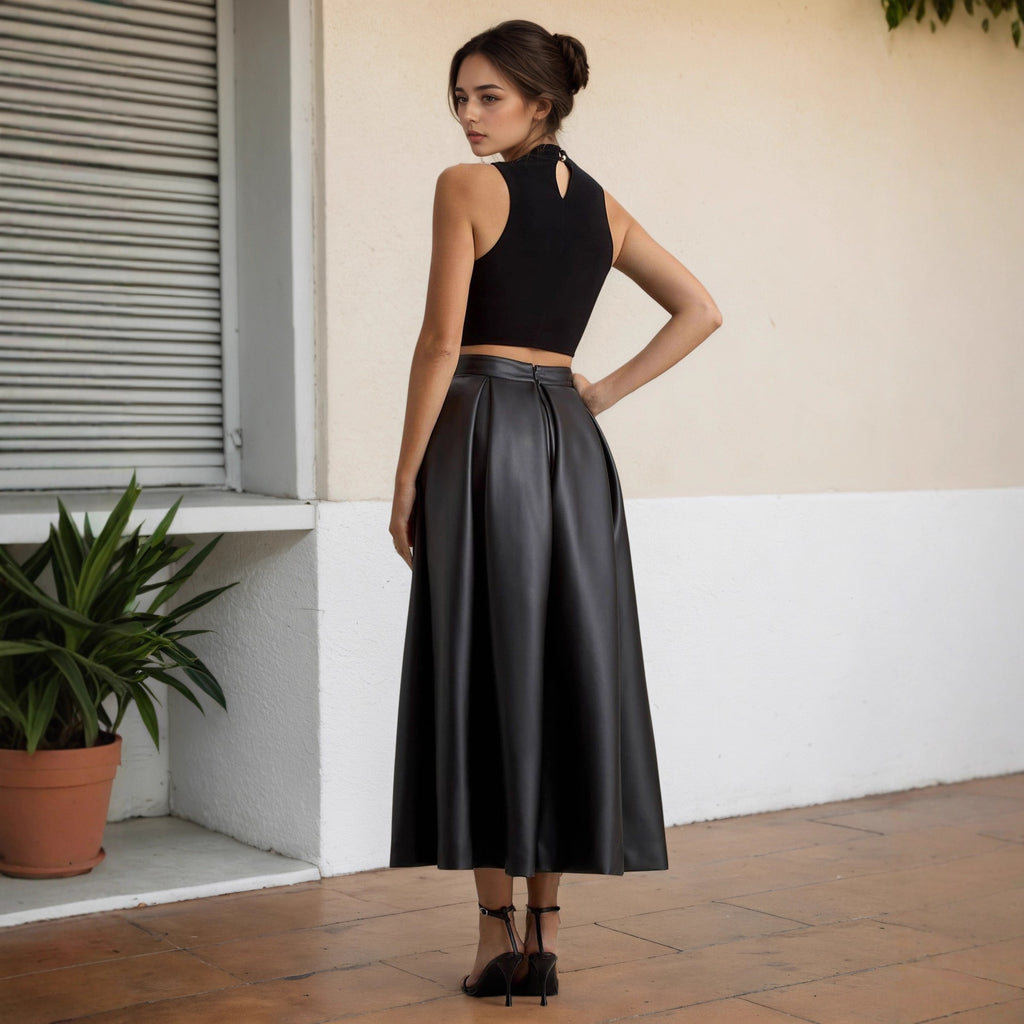 Large High Waist Umbrella Faux Leather Design A Line Skirt
