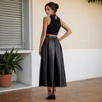 Large High Waist Umbrella Faux Leather Design A Line Skirt