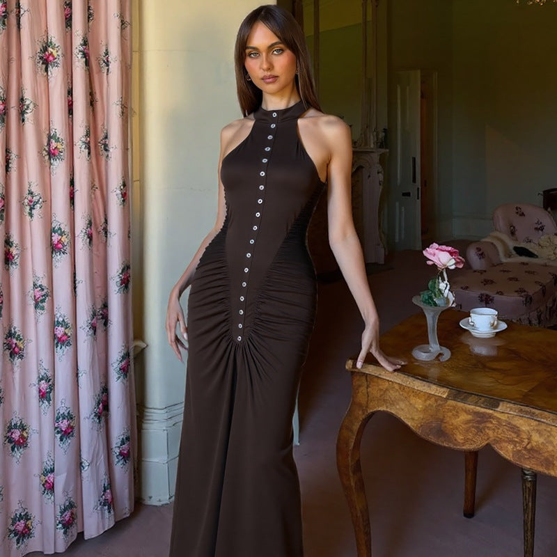 Women's 's Halter Button Ruched Maxi Party Dress