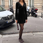 Black Velvet Lace-Trim Dress