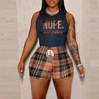 Women's Khaki Plaid Sleeveless Tank Top And Shorts Set