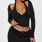 Women's V Neck Patchwork Faux Two Piece Fitted Long Sleeve T-Shirt