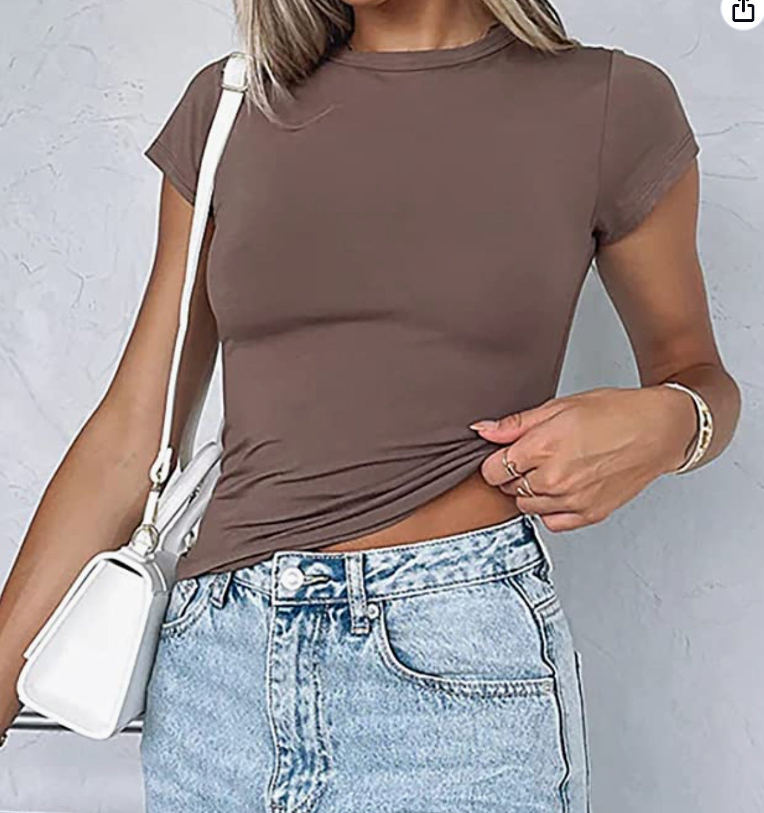 Women's Basic Round Neck Short Sleeve T-Shirt Tight Solid Color