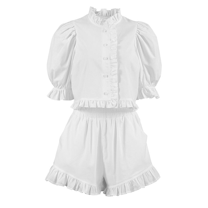 Autumn Women Stand Collar Puff Sleeve Ruffle Top Shorts