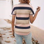 Color Block V-Neck Short Sleeve Sweater Top