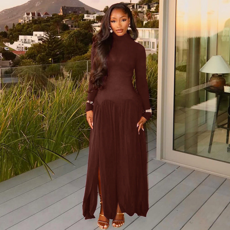 Split Solid Color Pleated Elegant Hip High Collar Long Dress