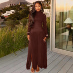 Split Solid Color Pleated Elegant Hip High Collar Long Dress