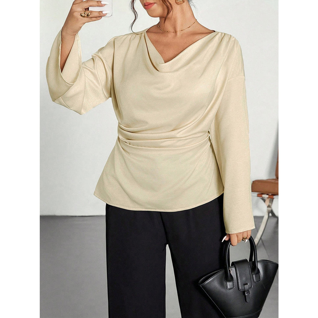 Swing Collar Waist Controlled Long Sleeves Top Draping Satin Pleated