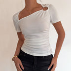 Women's Ribbed Asymmetric Short Sleeve Top