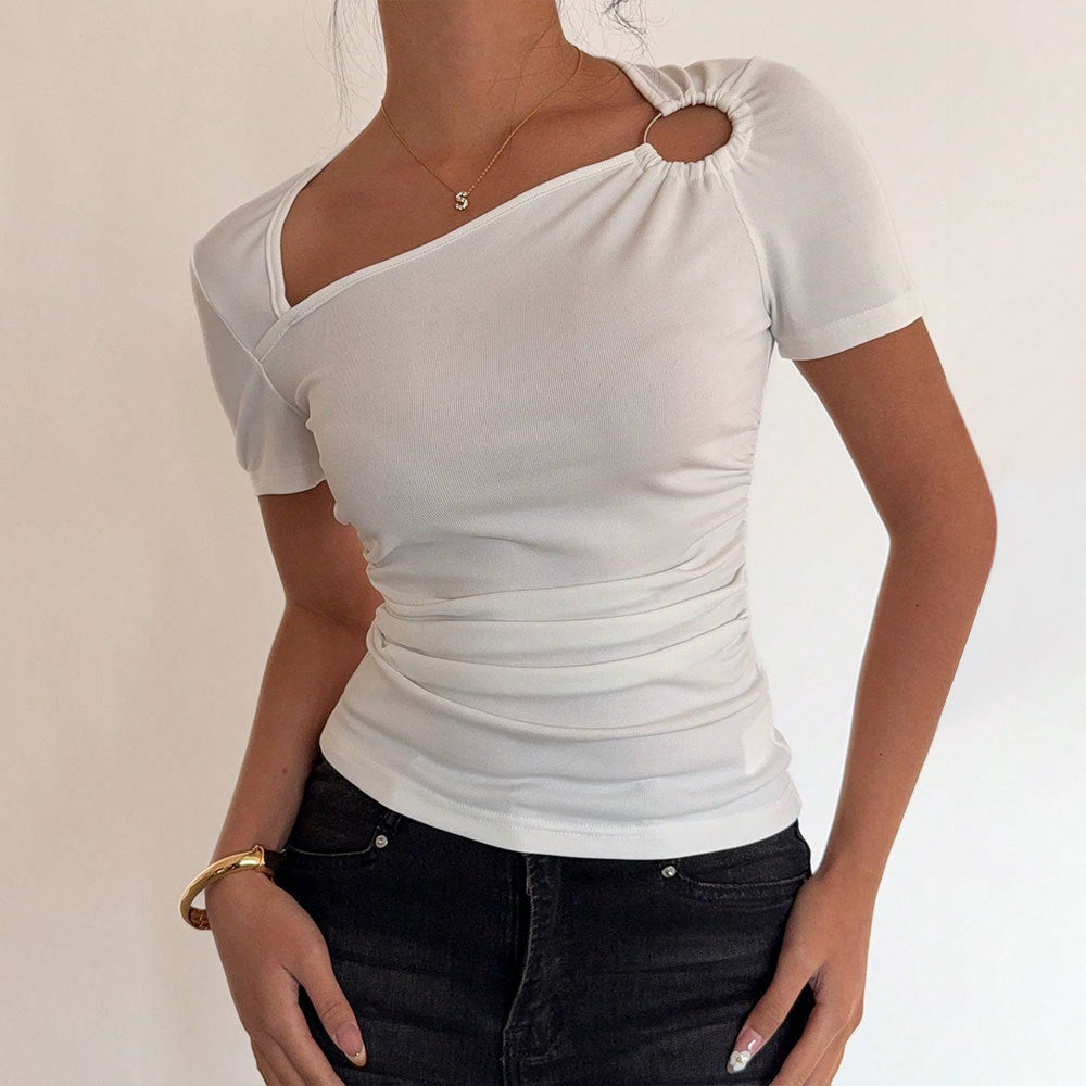 Women's Ribbed Asymmetric Short Sleeve Top