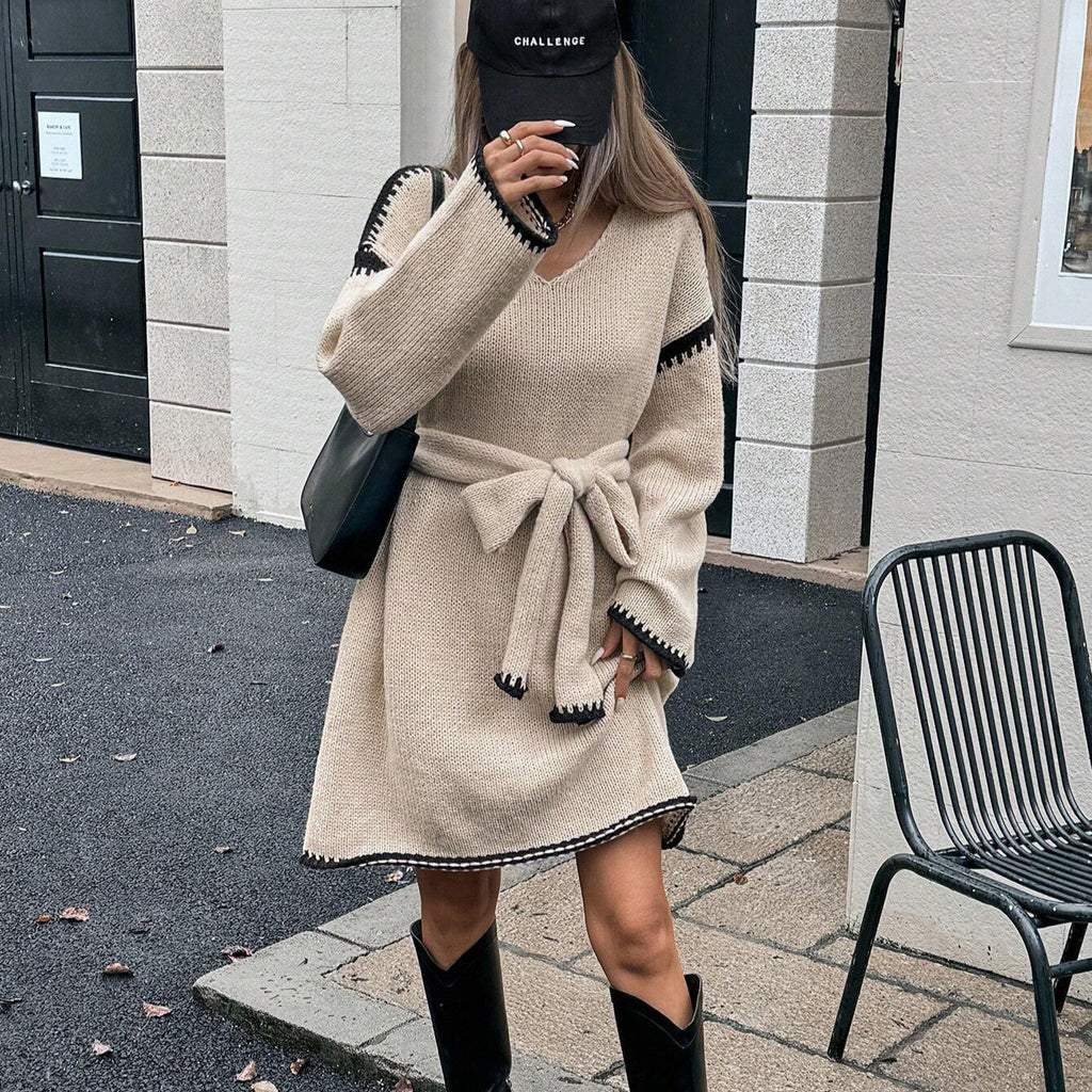 Idle Tie Waist Trimming Loose Knitted V-Neck Long Sleeve Fall Midi Dress