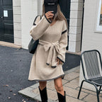 Idle Tie Waist Trimming Loose Knitted V-Neck Long Sleeve Fall Midi Dress