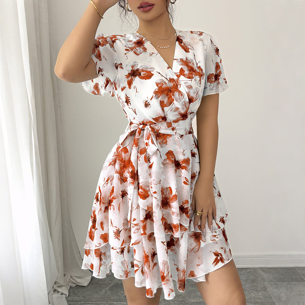 Floral Print Short-Sleeve Tiered Dress