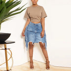Women's Spring Summer Personalized Denim Washed Tassel Tatted Skirt