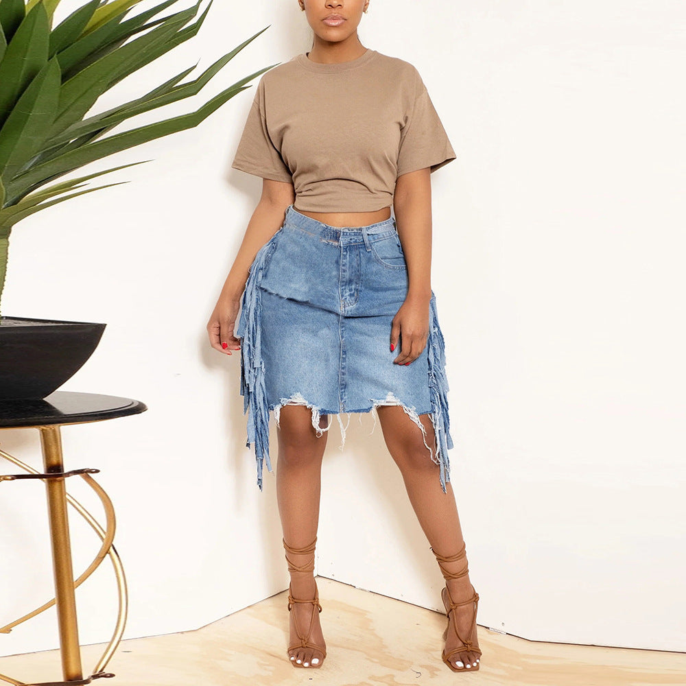 Women's Spring Summer Personalized Denim Washed Tassel Tatted Skirt