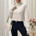 Women's Autumn Winter Solid Color Thread Knitted Pullover High Collar Short Section Bottoming Top