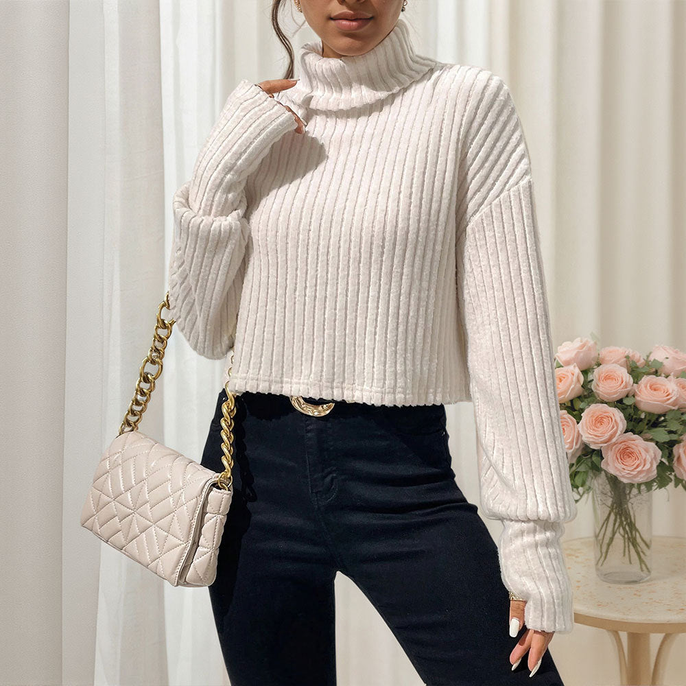 Women's Autumn Winter Solid Color Thread Knitted Pullover High Collar Short Section Bottoming Top