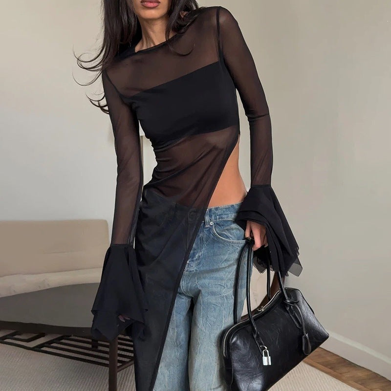 Spring Sexy Mesh See through Slim Fit Cropped Outfit round Neck Flared Sleeves Top