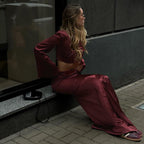 Long Sleeves Cropped Top Satin Draping Skirt