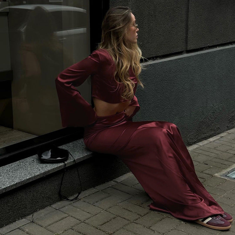 Long Sleeves Cropped Top Satin Draping Skirt