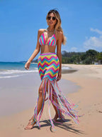 Multicolor chevron wave fringed swim cover-up dress with halter bikini top
