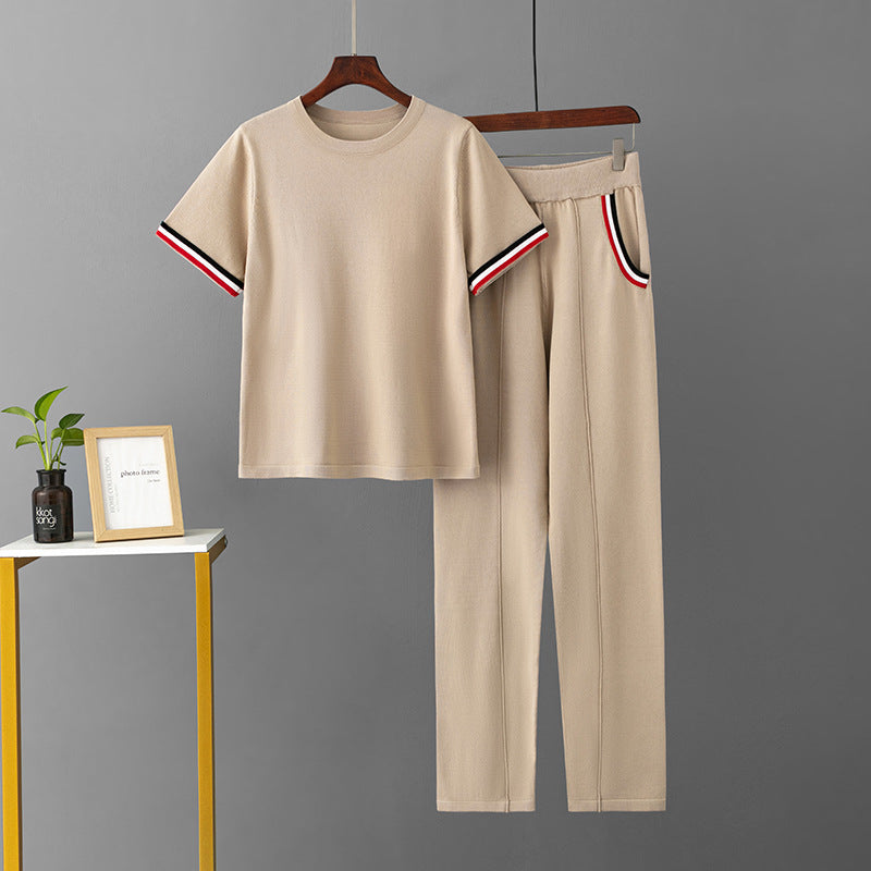 Women's Knitted Sports Summer Ice Silk Round Neck Solid Two-Piece Set